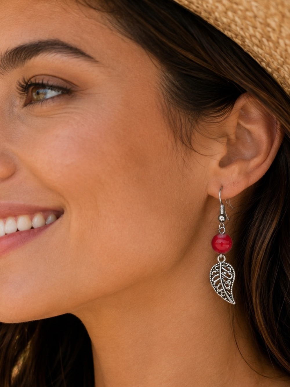 Red Bead & Silver Leaf Dangle Earrings Boho Nature Jewelry